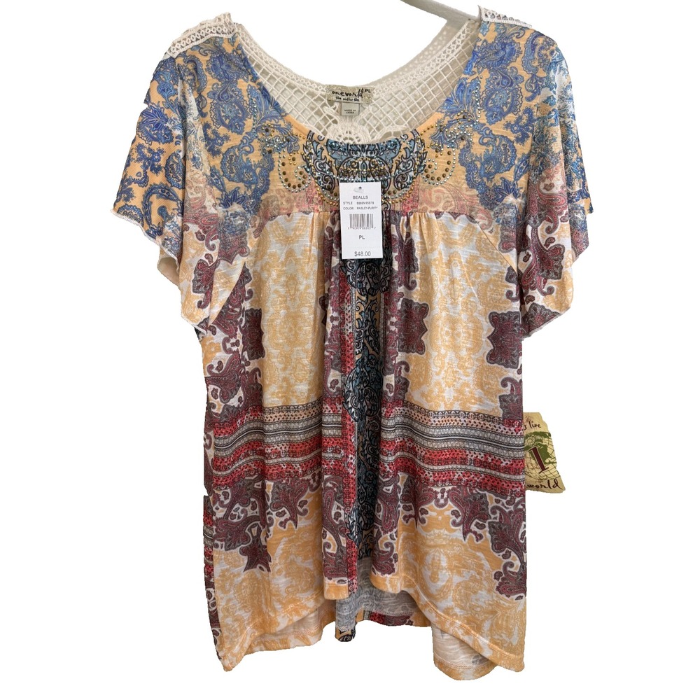 NWT One World Blouse Womens PETITE Large Scoop Neck Beading Flutter Sleeve Boho